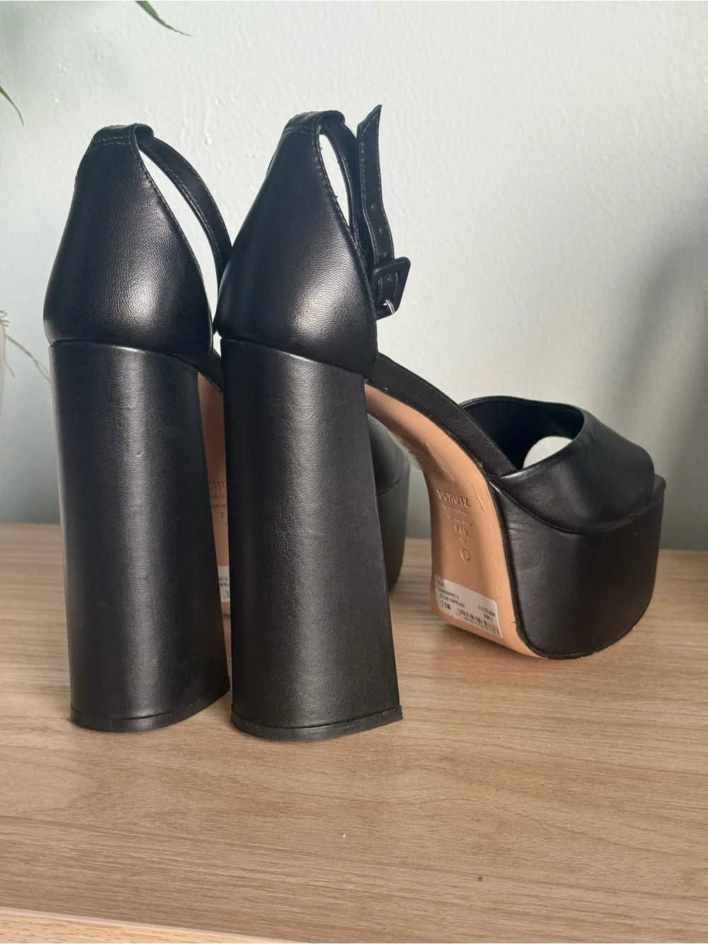 SCHUTZ Black Leather Platform Block Heel Sandals